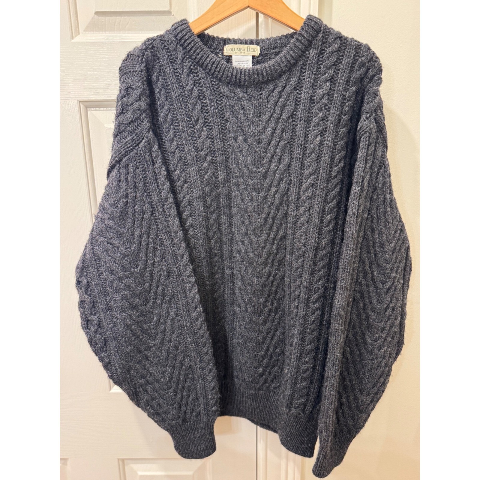 Columba Reid Mens Wool Cable Knit Sweater Charcoal Grey Made In Uk Size S